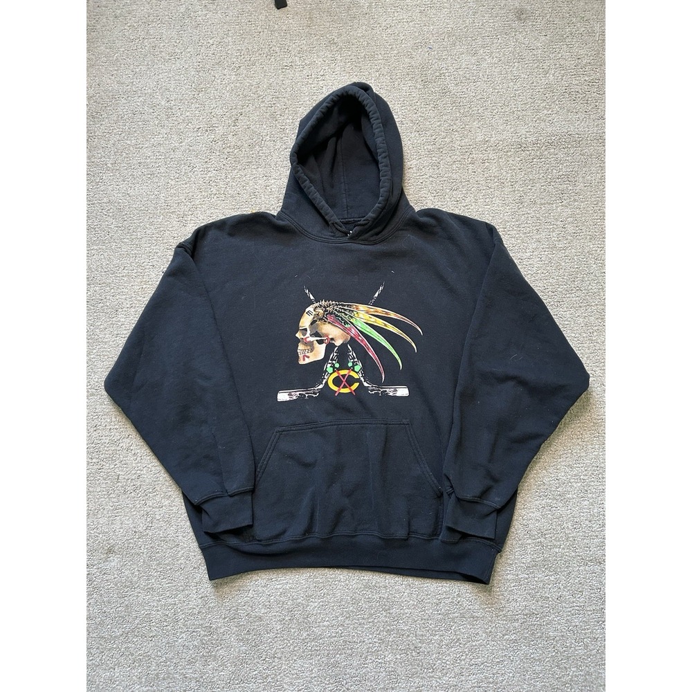 Chicago Blackhawks Skull & Sticks Hoodie Mens Sz XL Custom Printed NHL Pullover